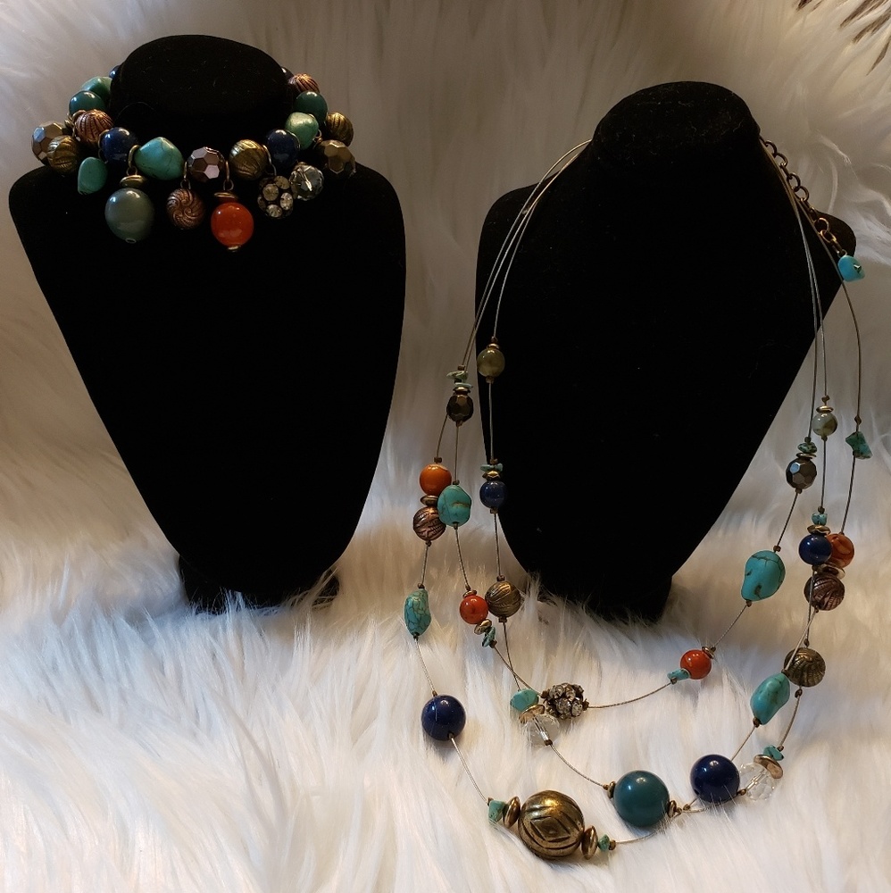 Multi-color stone & bead necklace & bracelet set
